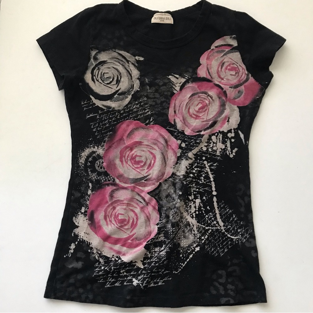 Black Floral Graphic Tee with Pink Roses - Women's Top